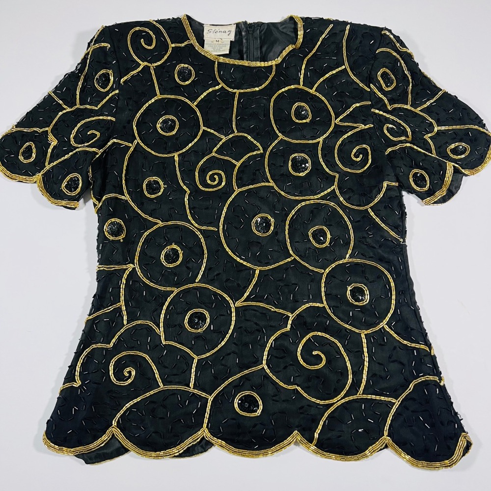 Vintage Stenay Silk Beaded Sequin Top M Black Gold Scalloped Evening Blouse